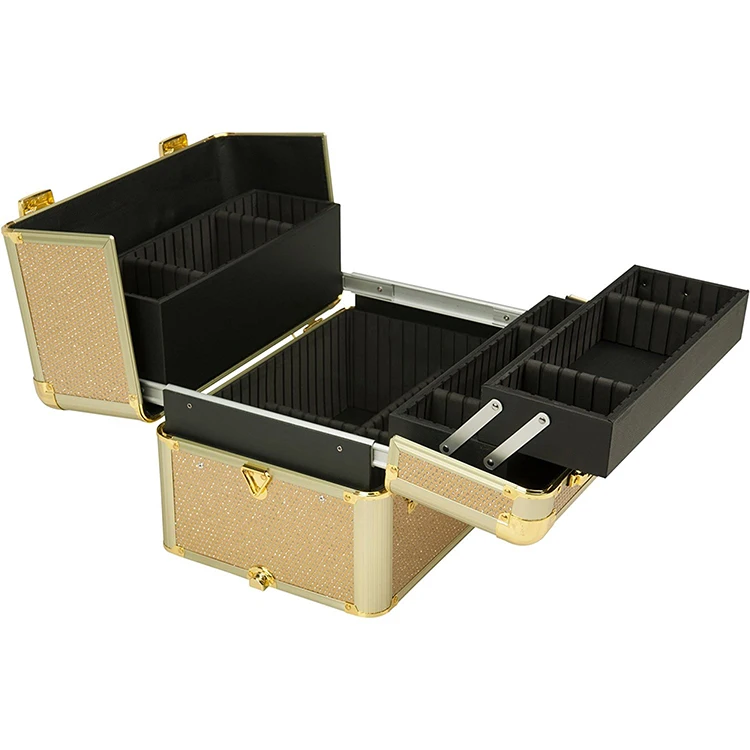 Gold durable bling aluminum suitcase abs trolley makeup artist case