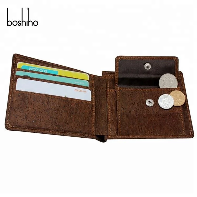 Boshiho Eco friendly product wholesale men dark brown cork wallet with coin pocket custom minimalist slim wallet