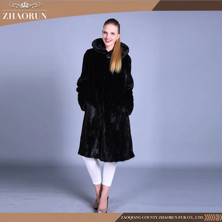 100% Real black long Mink Fur Coat With hat classic mink fur parka with hat