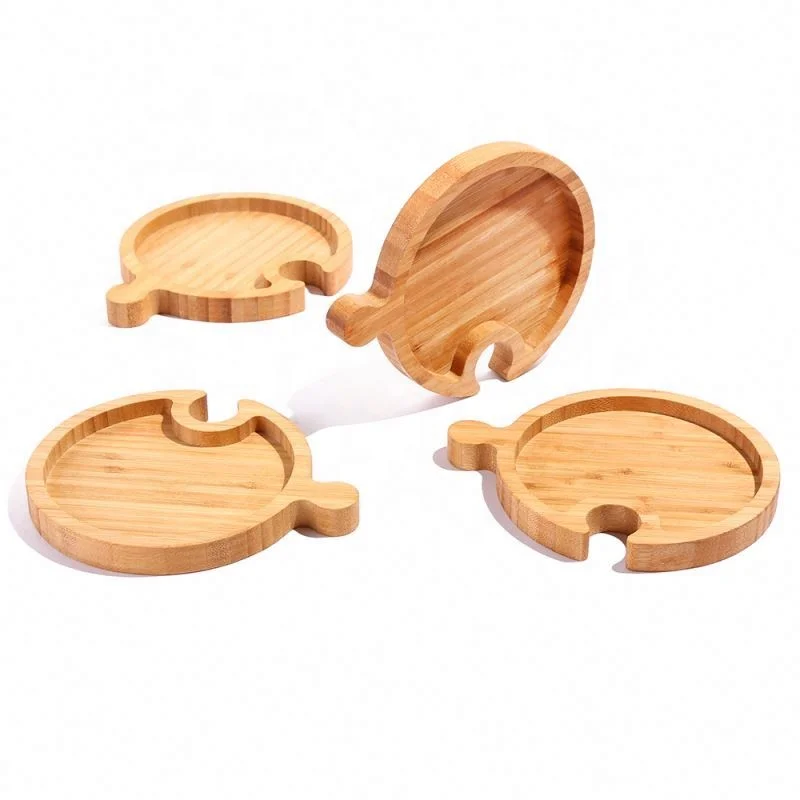 
New design Bamboo Party Food Serving Tray with Wine Glass Holder,sectional food tray Bamboo Curved Puzzle Platter 