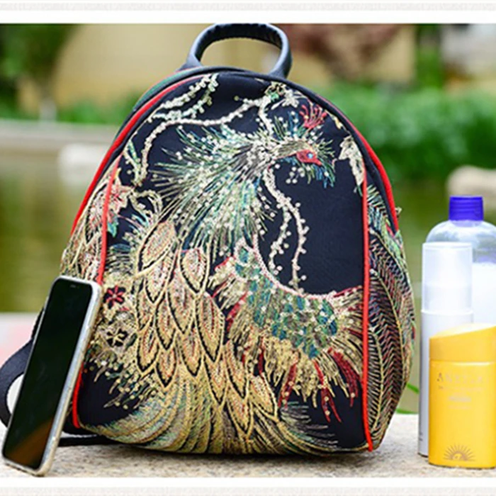 Handmade Embroidery Phoenix Pattern Stripe Backpack Bag Chinese National Style Embroidery Vintage Canvas Backpack Wholesale