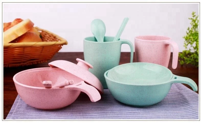 Eco-friendly Baby Child Bowl Spoon Chopsticks Cup Dinnerware Healthy Wheat Straw Children Tableware Set