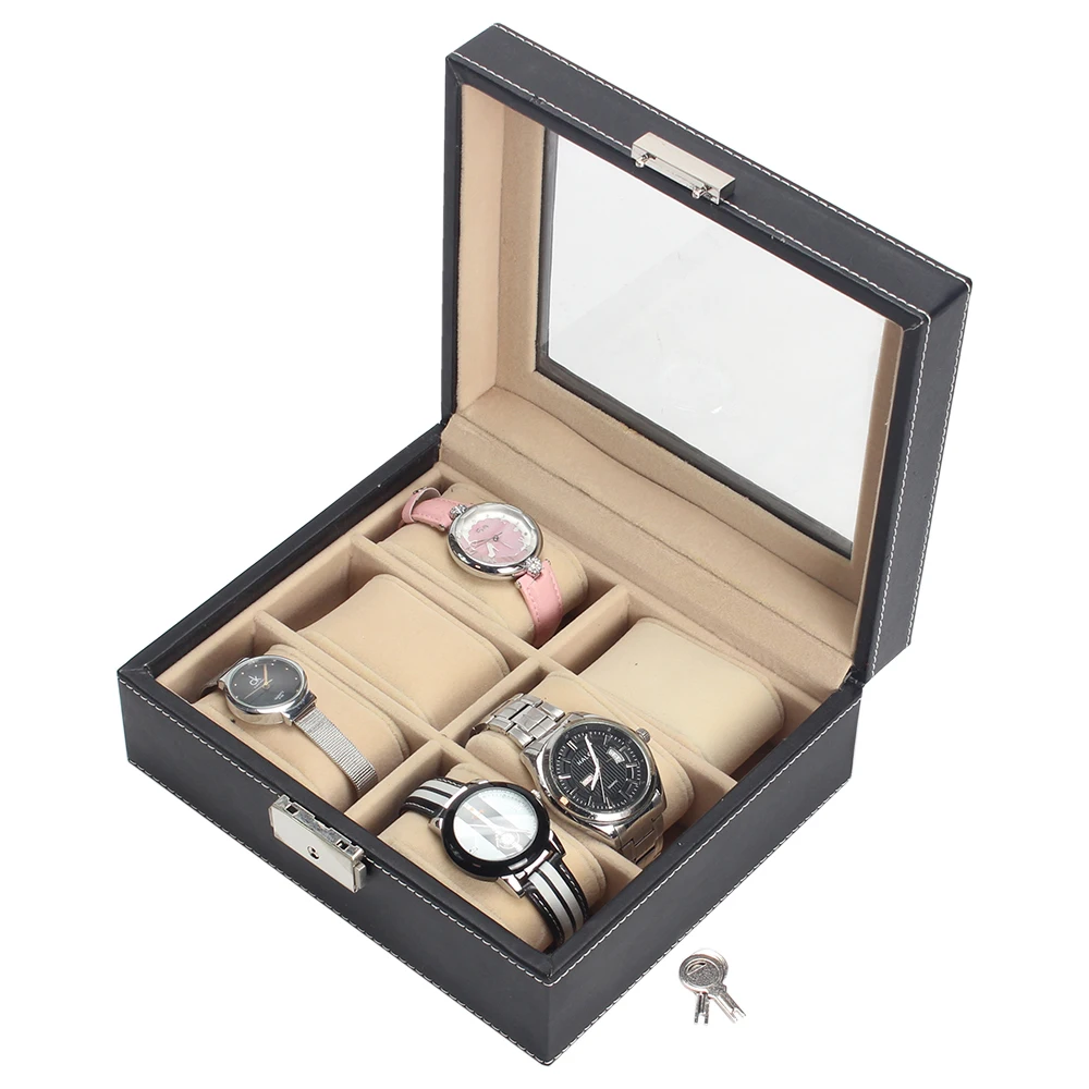 
High Quality 6 Slots Black Winder Watch Case PU Leather Watch Box 