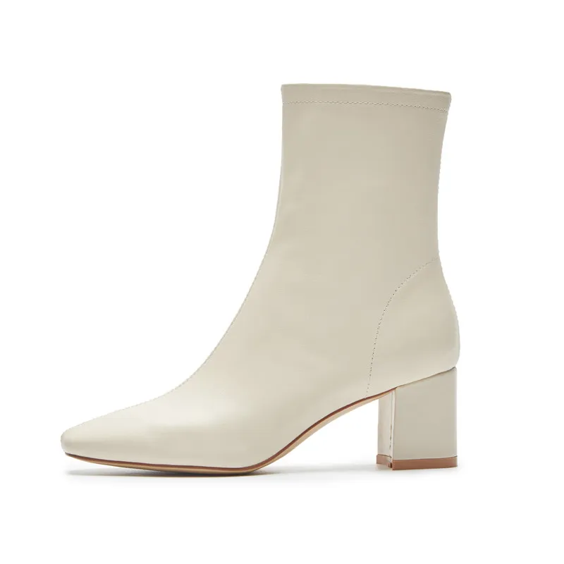 WETKISS OEM Custom Brand Ladies Winter Boots Square Toe White Leather Boots High Heels Ankle Booties Fashion Women Boots Shoes