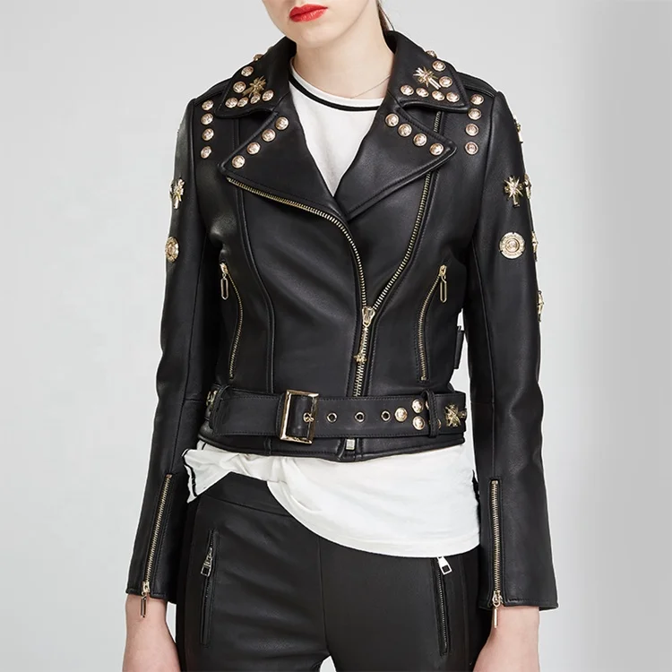 Fashion Cool Design Genuine Leather Coat Short Real Leather Punk Style Casual Studded Perfectly Motorcycle Women Leather Jacket