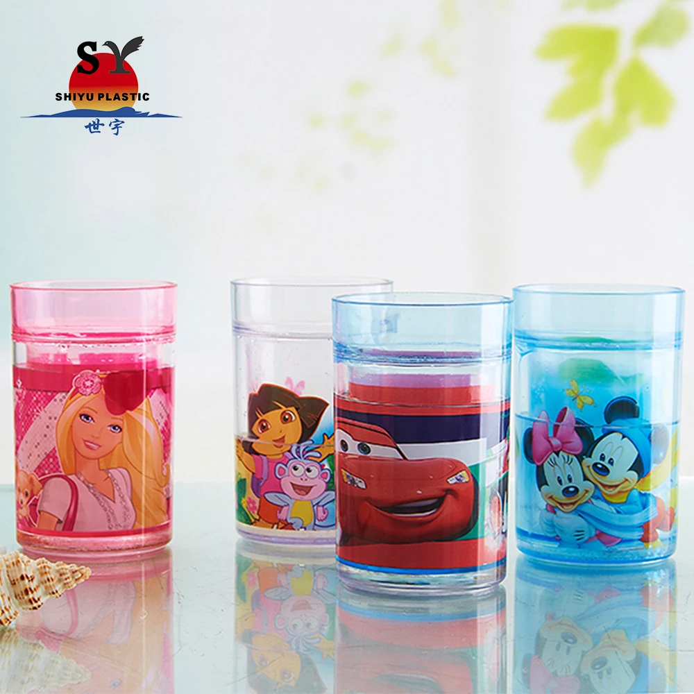 
China professional SY670 230ml juice water crystal wholesale double wall cartoon gift pp plastic glitter cup 