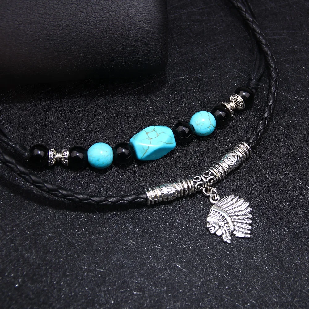 Tribal Indian Head Alloy Pendant Necklace Womens/Mens natural stone beaded necklace jewelry