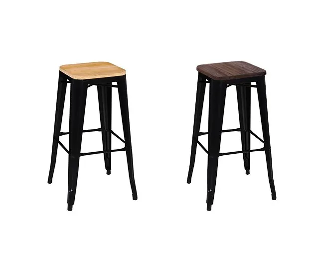 Fresh Colors Home Decor Design Wooden Seat Metal Industrial Stackable Bar Stool