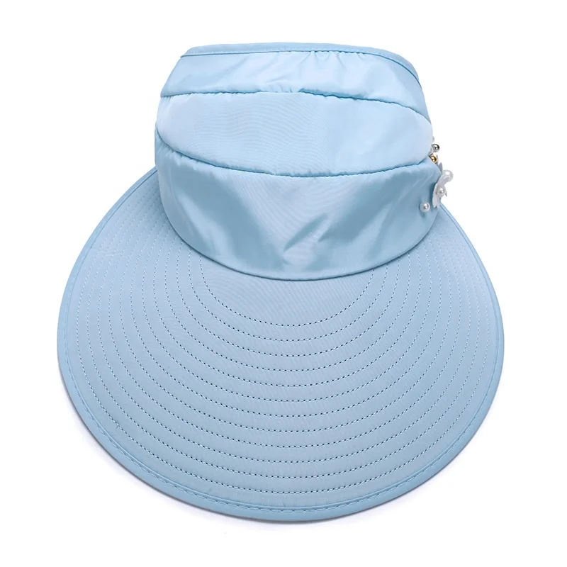 Hot Selling Women Summer Wide Brim Cap 100% Polyester Adjustable Sun Visor Cap Hat With Small Plastic Flower Visors