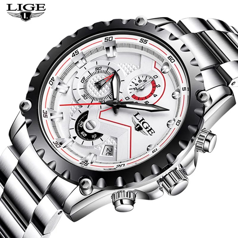 Man Clock Fashion Sport Quartz Watch Men Business High-end Watches LIGE Alloy Stainless Steel Round Analog Hook Buckle