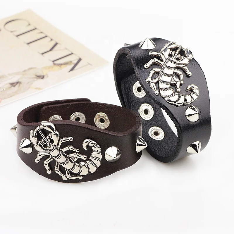 LIKA-- Scorpion Charm Sharp Rivet Studded Genuine Leather Bangle Bracelet Men,Custom Leather Bracelet