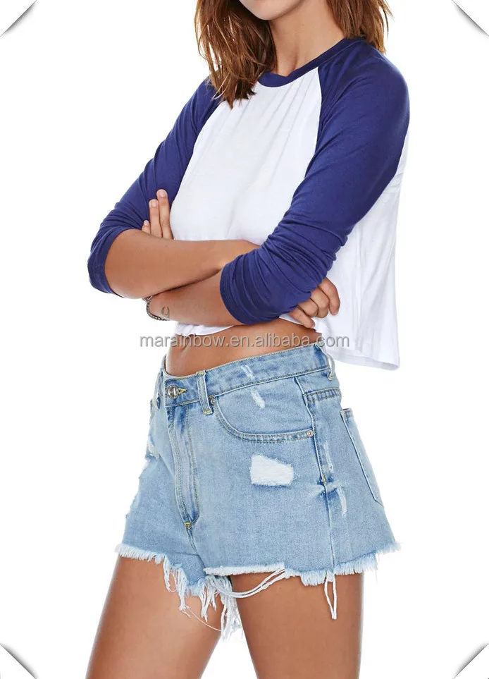 100% Cotton Womens Long Sleeve Cropped Baseball T Shirt Plain Raglan Sleeve Crop Top Tee Wholesale