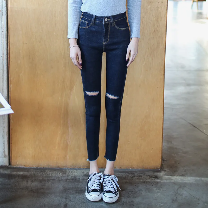 2022  new high-waisted pencils pants female New Fashion Cotton Denim Pants Stretch Womens Ripped Knee Skinny