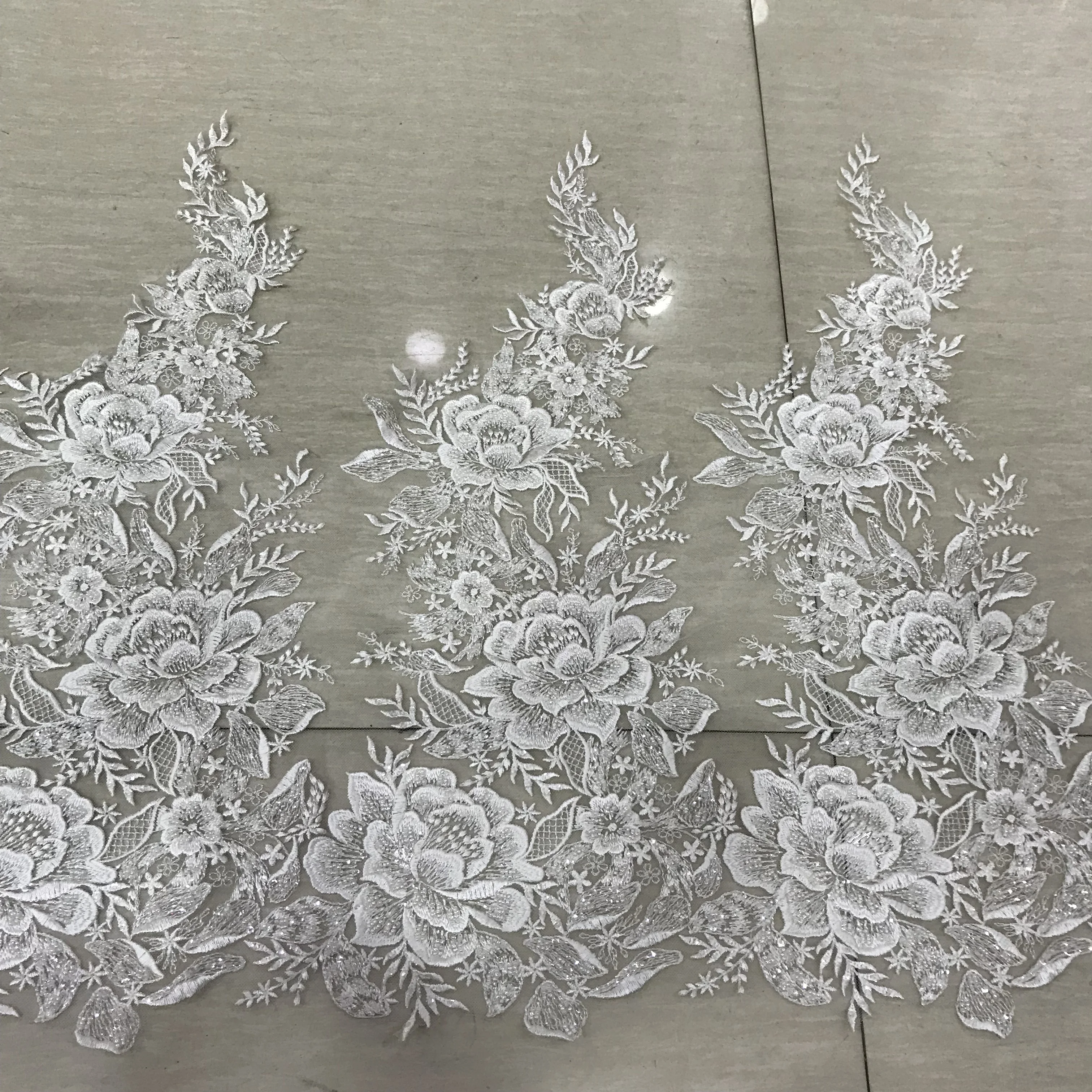 flower motif encrusted beads lace wedding dress border