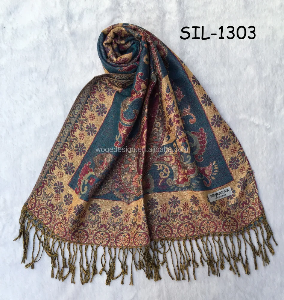 Fashion traditional Russian style women rayon turban wrap shawl hijab jacquard paisley floral lurex manufacturers pashmina scarf
