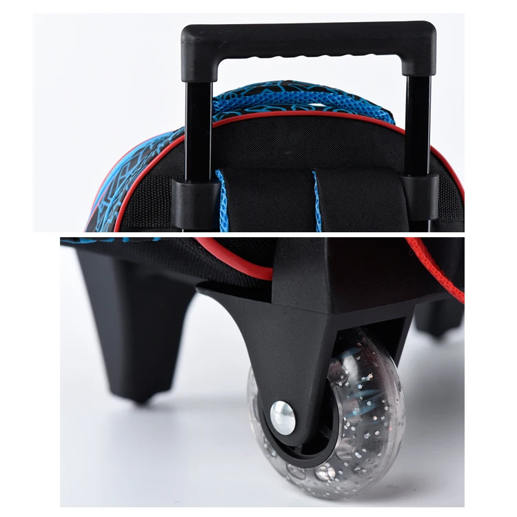 Hot sale 2 glitter wheels children rolling school backpack for boys, cool 3D cartoon action robot kids school bags with trolley