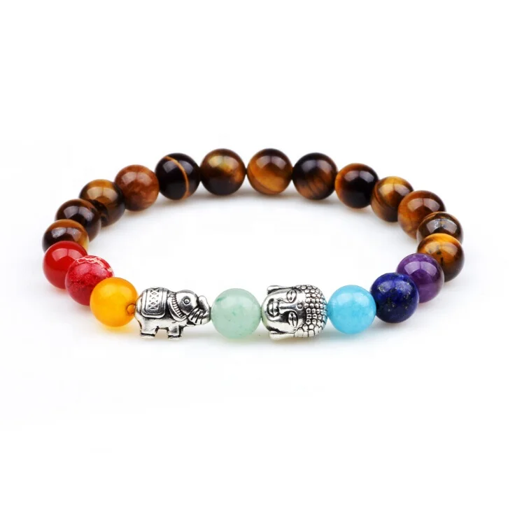 Ladies Fashion Alloy Buddha Elephant Charms Tiger Eye Beads 7 Colors Onyx Lucky Beads Chakra Bracelet