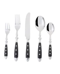 German besteck flatware black POM handle with 2 rivet cutlery set, stainless steel fork and spoon steak knife set 16pc