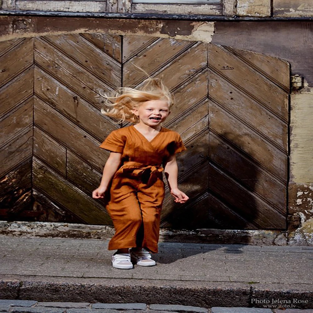 
Wholesale Baby Girls Linen Cotton Clothing Long legging Loose Casual Overalls Short Sleeve Kids Girls Jumpsuit 