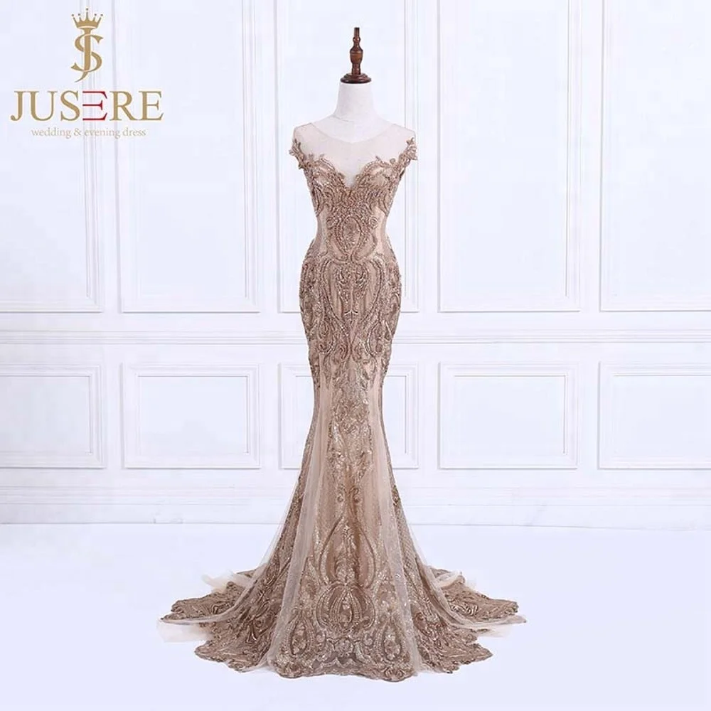Sexy Mermaid  Gold Luxury Appliqued Beaded Lace Evening Dresses Middle East  In Turkey Dubai Prom Gown