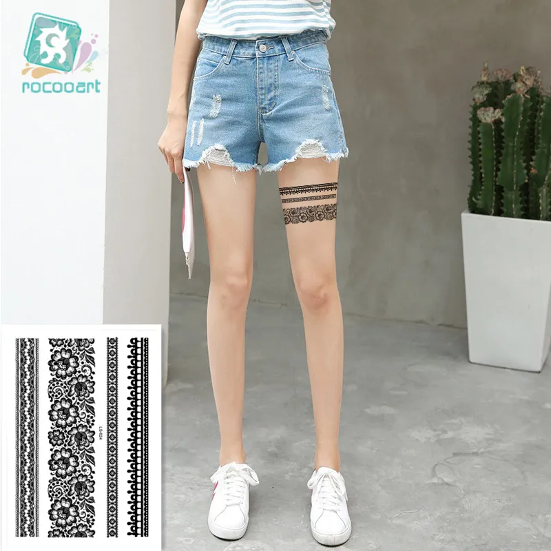 New Fashion Waterproof Women Henna Legs Decoration Black Lace Body Fake Tattoo Sticker Sealed Bag or Customized Flash Tattoo