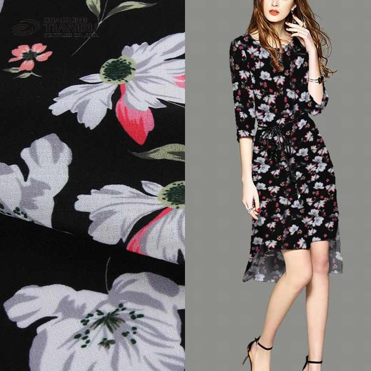 New design shaoxing textile stock lot woven chiffon rose print fabric price per yard