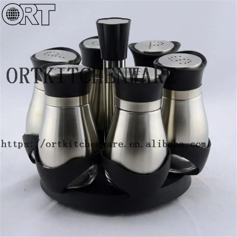 
mini glass spice jar set with metal sleeve and with rotating stand 