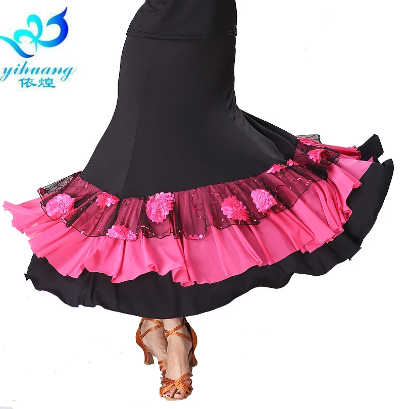 Multicolor large hem practice ballroom dance dress skirt women waltz performance wear