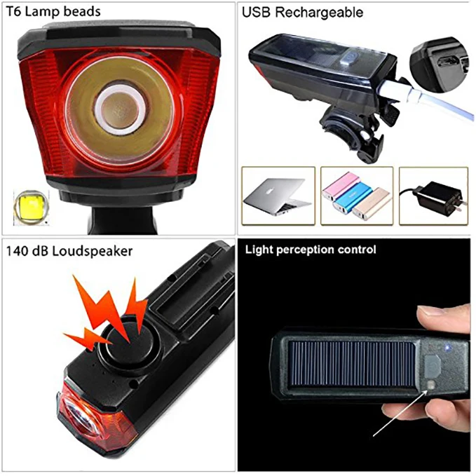 USB rechargeable waterproof IPX5  Solar Powered Bicycle Light LED Front Light with Bell Horn Solar mountain bike lights