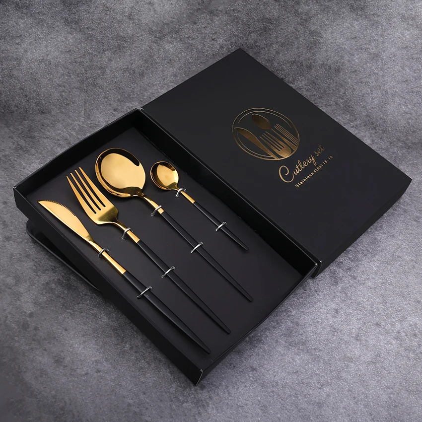 
Promotional Festival Souvenir Stainless Steel Gift Box Knife Fork Spoon Set Gold Plate Cutlery Set 