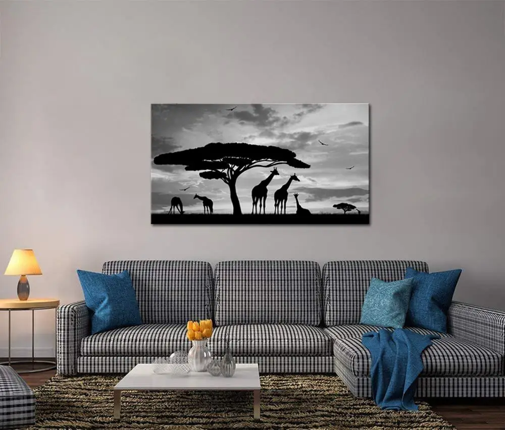 Animal Canvas Wall Art Giraffe Family under a Tree Painting Print Black and White Landscape Artwork Picture for Modern