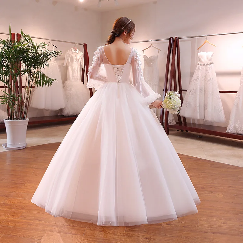 2018 Luxury Flower Ball Wedding Dresses Royal Bridal Gowns Lace Up Back Long Sleeves Wedding Dress