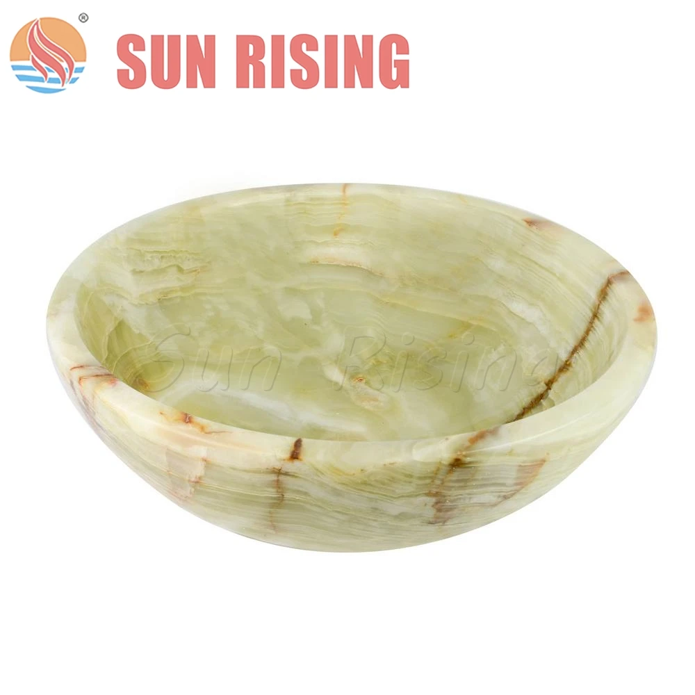 Highly Polished Natural Stone Marble Green Onyx Bathroom Vessel Sinks Round Stone Basin