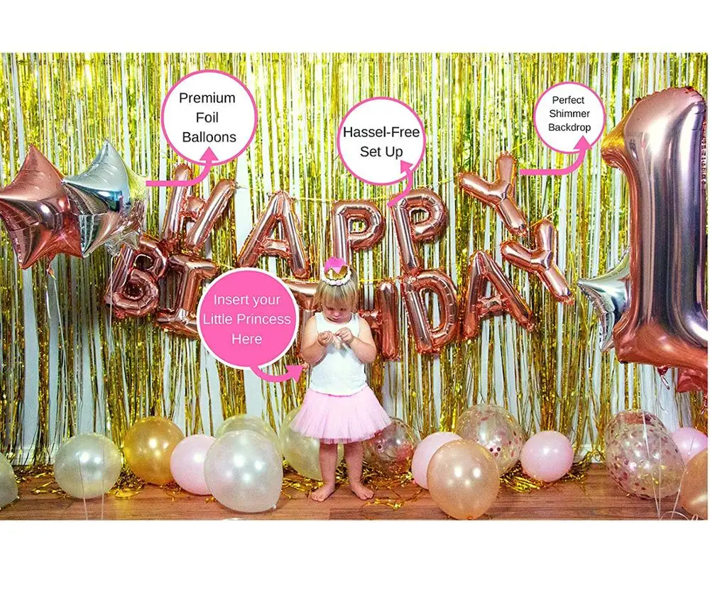 1st Birthday Decorations Girl 46 Pcs Bundle  Birthday Crown  1 Year Old Tutu  Rose Gold Theme One Cake Topper
