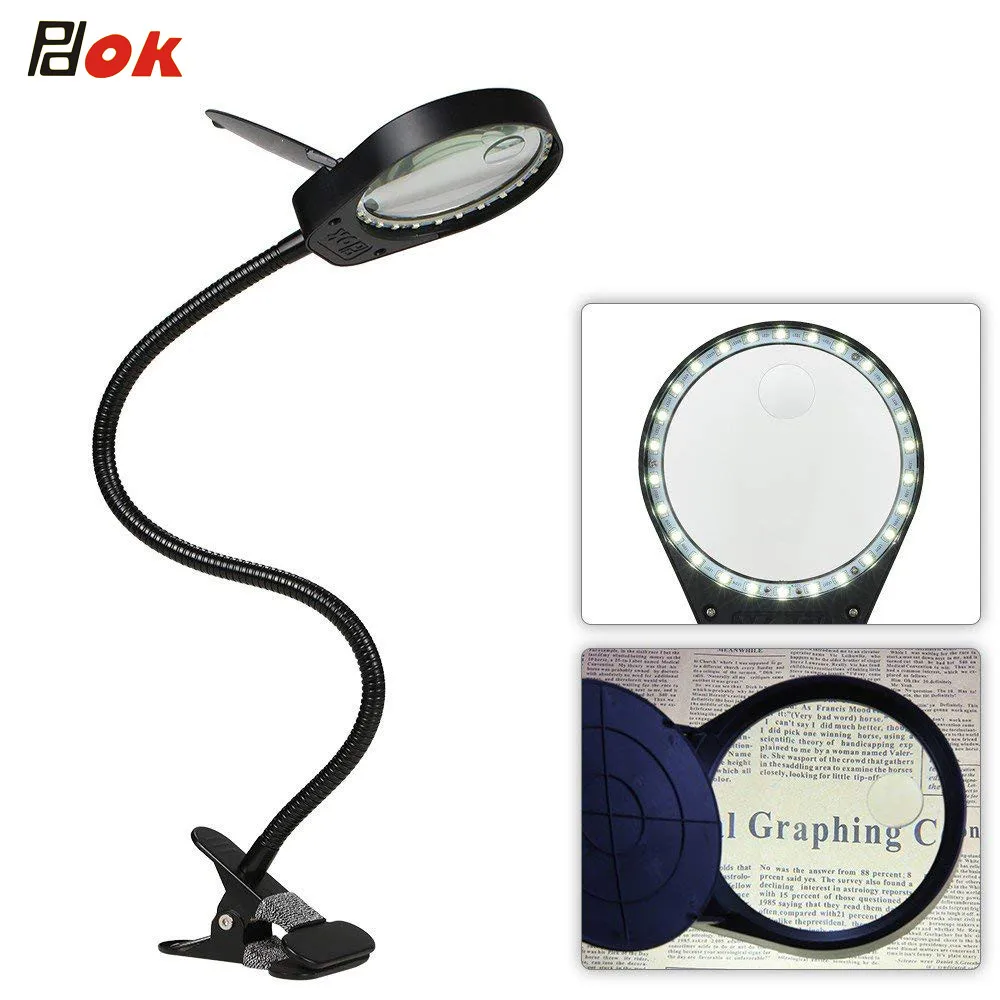 PDOK factory hot sale gooseneck clip reading lamp dual lens magnifier LED light bed light USB desk lamp