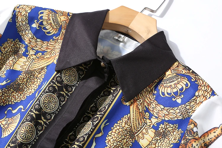
European and American Women Fashion Brand New Pattern Print Belt Waist Knee Length Shirt Dress Two Colors 