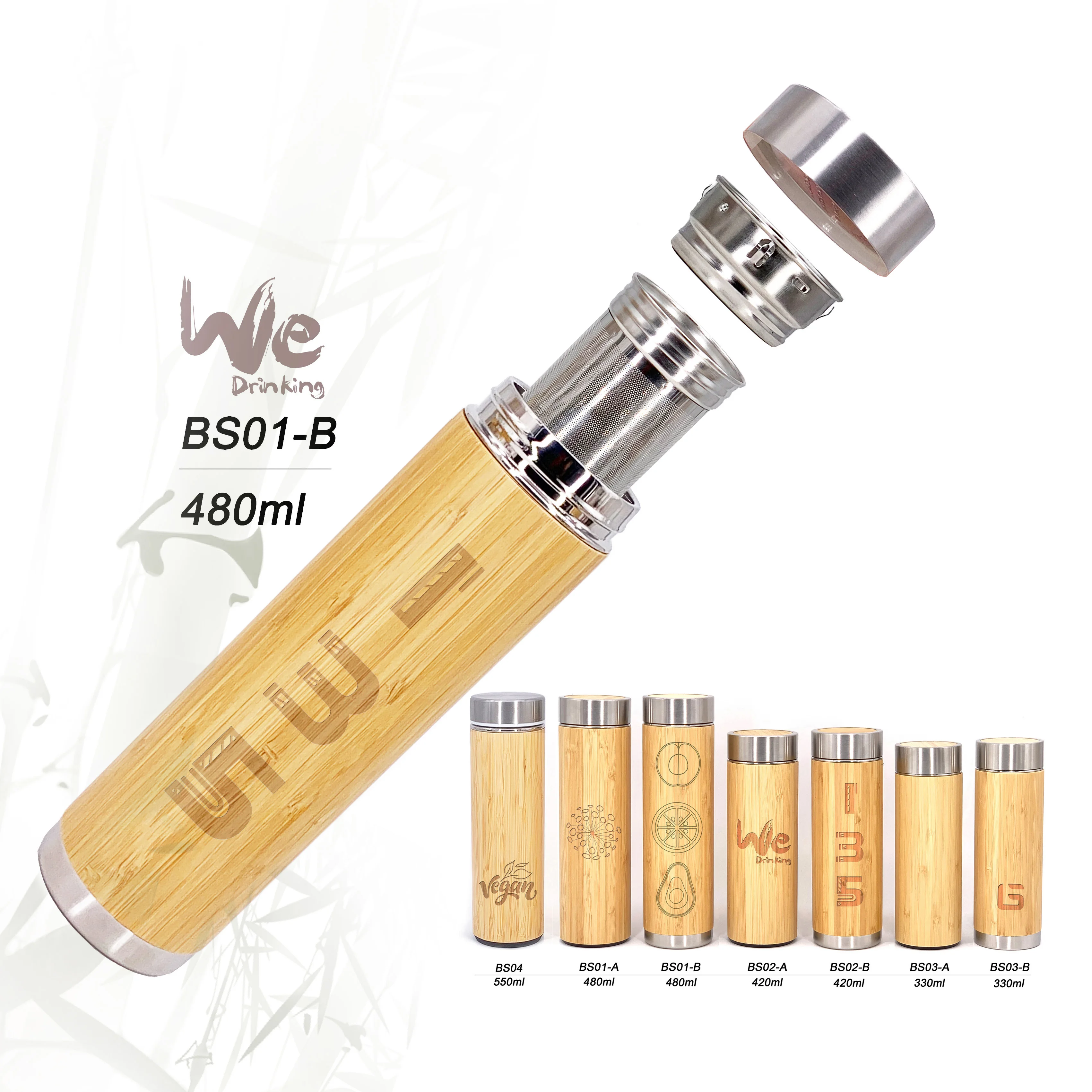 BS01-B 480ml 17oz Original Bamboo Tumbler with Tea Infuser and Strainer Mesh Filter for Tea Lovers and Brewing Loose Leaf