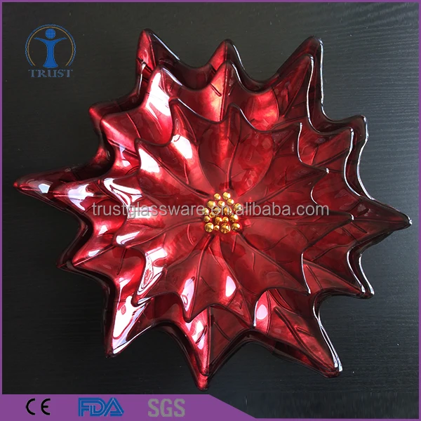 New Fashion Wholesale Decoration High Quality Red Maple Leaf Shaped Glass Plate