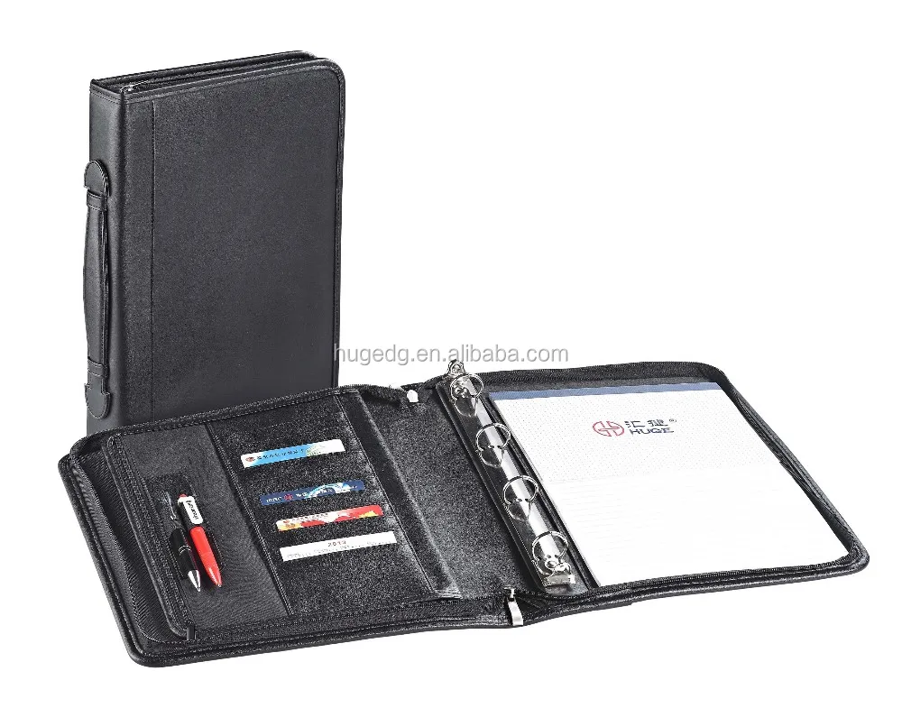 Customize different designs A4 A5 leather zipper portfolio with notepad