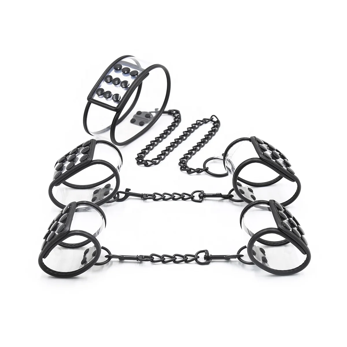 Latest Design Transparent Clear PVC BDSM Bondage Fetish Restraints Kit Set Collar Eye Mask Wrist Hand Cuff and Ankle Cuff 5pcs