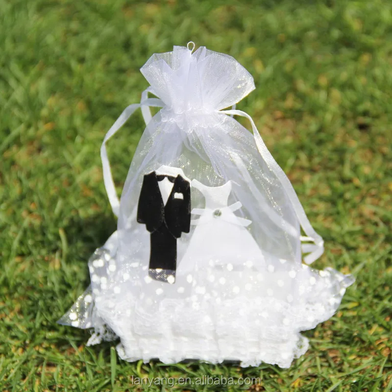 Bride and Groom Stick On Organza Basket Wedding Candy Favor Box Chocolate Bag