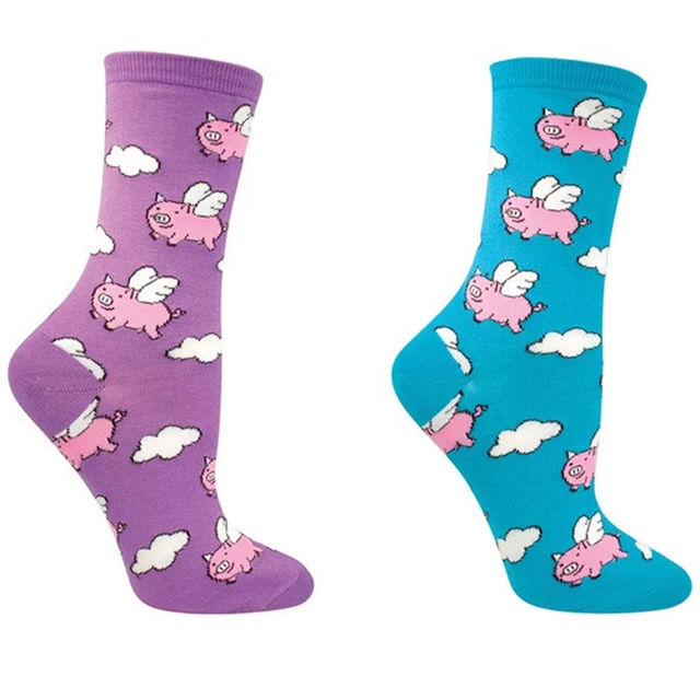 
Custom animal pattern and Spandex / Nylon / Cotton Material flying pig fun socks 