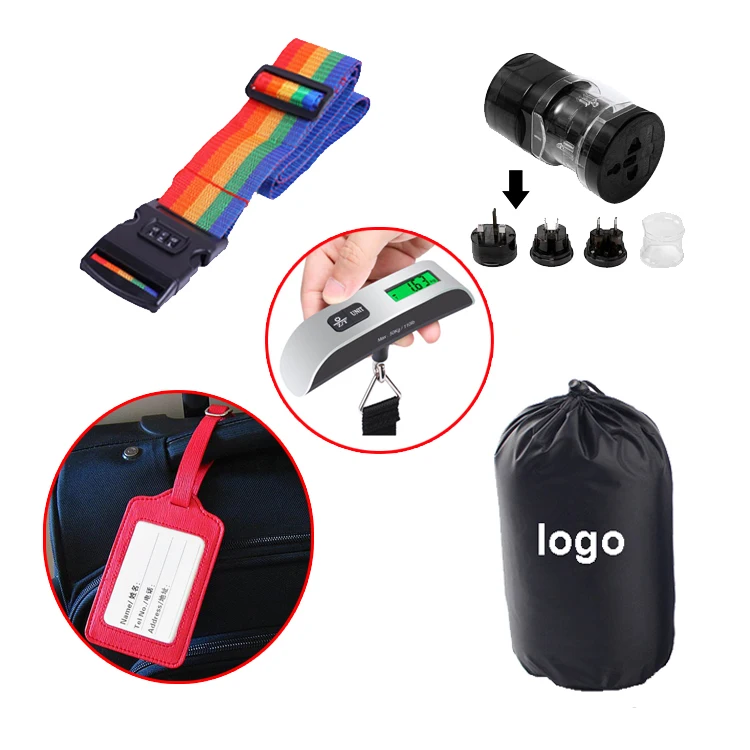 Hot sale customized airplane travel security set kit with luggage scale travel adaptor luggage tag suitcase belt strap