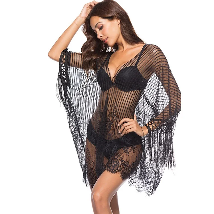 
Transparent Lace Small Tunic Black Perspective Crochet Lace Sexy V-neck Open Beach Dresses 