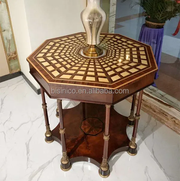Natural Wood Carved Coffee Table With Brass Pedestal, Castle Living Room Furniture Handmade Marquetry Round Center Table