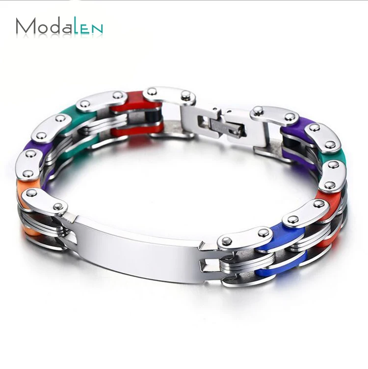 Modalen Gay Pride Stainless Steel Rainbow Link Biker Motorcycle Chain Bracelet