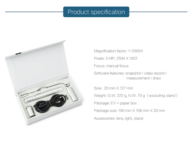 Superior Interchangeable Lens 500X 2000X Zoom 5MP White LED Metal Stage Industry Handheld Stereo Digital Microscope Camera