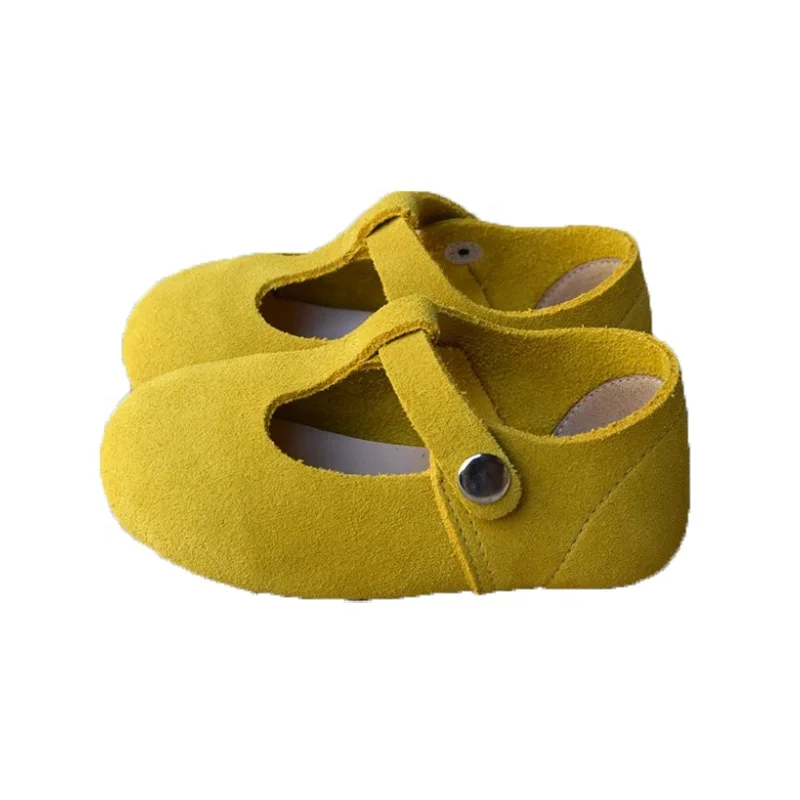 Mustard suede stud fasten t-bar kids baby boy crochet shoes moccasins