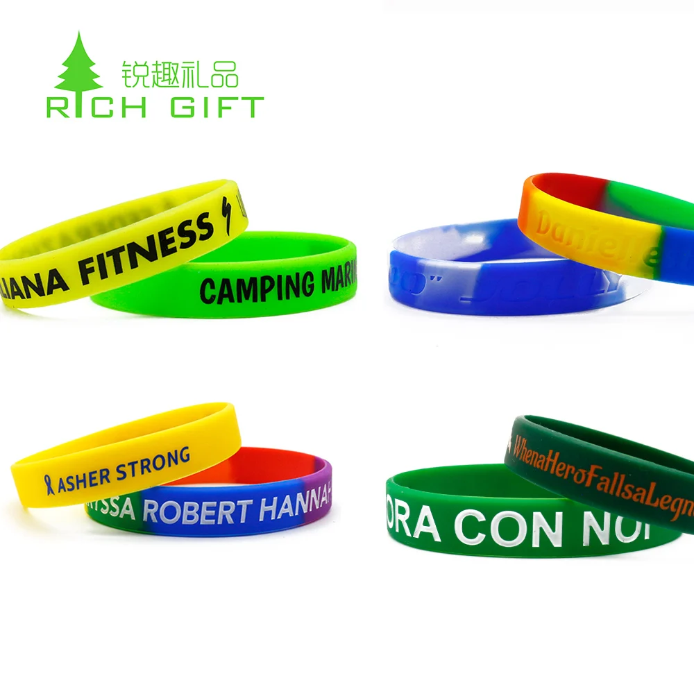 Cheap custom rainbow ink printing flag black debossed thin adjustable festival sport recycled rubber silicone bracelet wristband