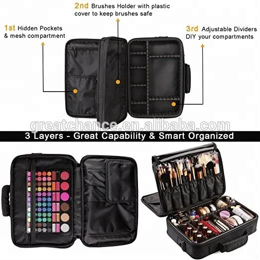 
3 Layers Waterproof Makeup Bag Travel Cosmetic Case Brush Holder with Adjustable Divider- soft cosmetic case supplier 